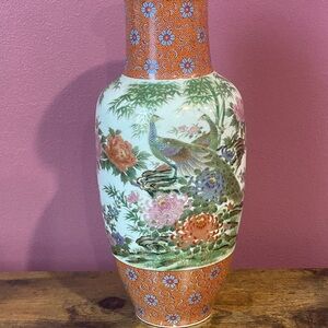 Vintage Japan Peacock Floral 12” Tall Vase Porcelain Gold Trim